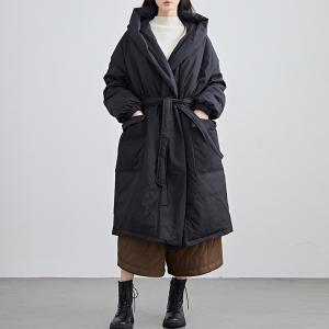 Tied Waist Black Midi Hooded Down Coat