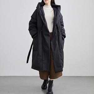 Tied Waist Black Midi Hooded Down Coat