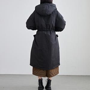 Tied Waist Black Midi Hooded Down Coat