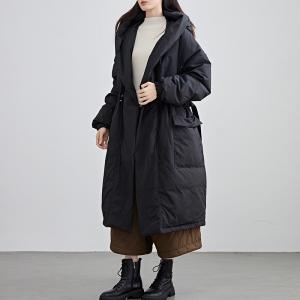 Tied Waist Black Midi Hooded Down Coat