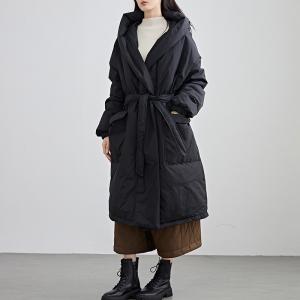 Tied Waist Black Midi Hooded Down Coat