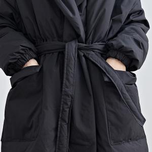Tied Waist Black Midi Hooded Down Coat
