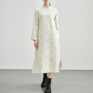 Mandarin Collar Beige Jacquard Qipao Dress