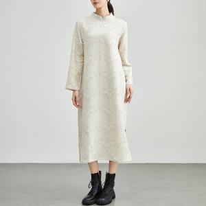 Mandarin Collar Beige Jacquard Qipao Dress