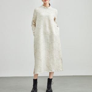 Mandarin Collar Beige Jacquard Qipao Dress