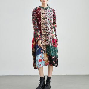 Flowers Patchwork Frog Button Modern Loose Qipao