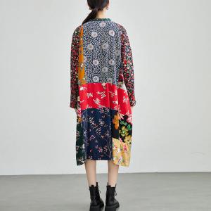 Flowers Patchwork Frog Button Modern Loose Qipao