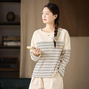 Horizontal Stripes Apricot Cotton T-shirt