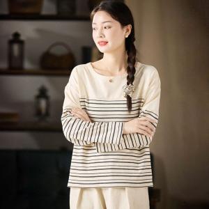 Horizontal Stripes Apricot Cotton T-shirt