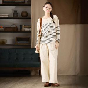 Horizontal Stripes Apricot Cotton T-shirt