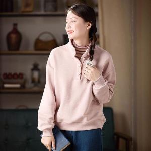 Stand Collar Baby Pink Cotton Hoodless Sweatshirt