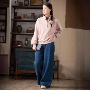 Stand Collar Baby Pink Cotton Hoodless Sweatshirt