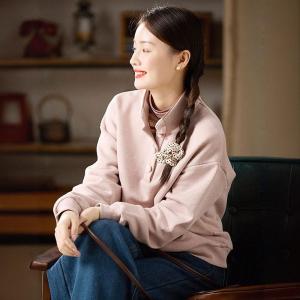 Stand Collar Baby Pink Cotton Hoodless Sweatshirt