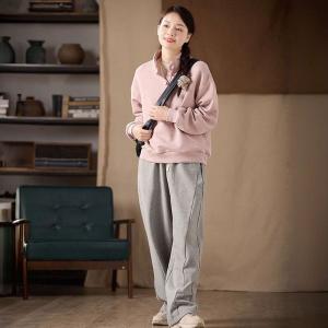Stand Collar Baby Pink Cotton Hoodless Sweatshirt