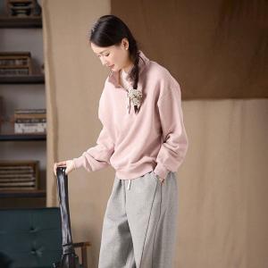 Stand Collar Baby Pink Cotton Hoodless Sweatshirt