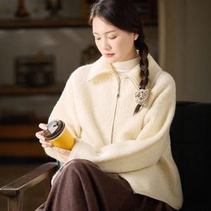 Front Zip Wide Lapel Warm Wool Fluffy Coat