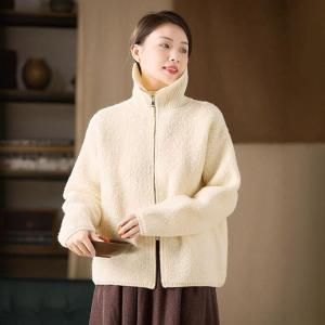 Front Zip Wide Lapel Warm Wool Fluffy Coat