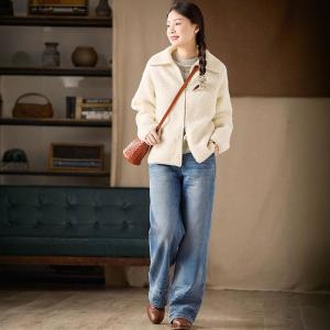 Front Zip Wide Lapel Warm Wool Fluffy Coat