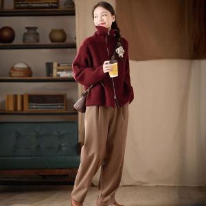 Front Zip Wide Lapel Warm Wool Fluffy Coat