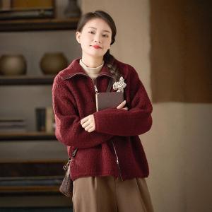 Front Zip Wide Lapel Warm Wool Fluffy Coat