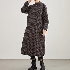 Black Plaids Side Slits Loose Winter Ethnic Dress