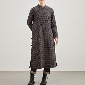 Black Plaids Side Slits Loose Winter Ethnic Dress