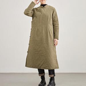 Ethnic Style Mandarin Collar Flax Plaid Dress