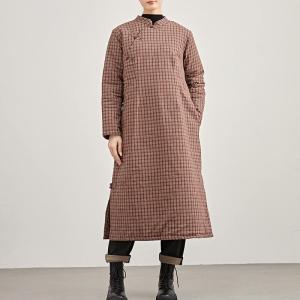 Reddish Orange Slanted Buttons Quilted Gingham Qipao