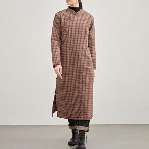 Reddish Orange Slanted Buttons Quilted Gingham Qipao