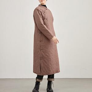 Reddish Orange Slanted Buttons Quilted Gingham Qipao