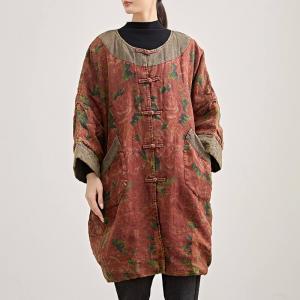 Rustic Style Red Peony Plus Size Linen Tunic
