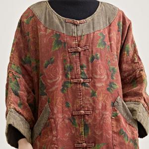 Rustic Style Red Peony Plus Size Linen Tunic