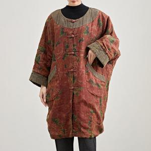 Rustic Style Red Peony Plus Size Linen Tunic