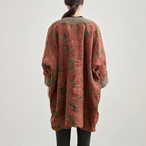 Rustic Style Red Peony Plus Size Linen Tunic