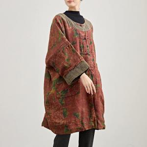 Rustic Style Red Peony Plus Size Linen Tunic