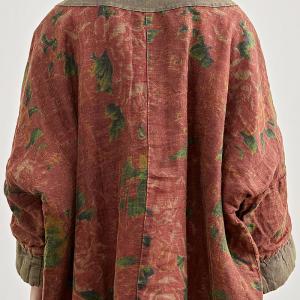 Rustic Style Red Peony Plus Size Linen Tunic