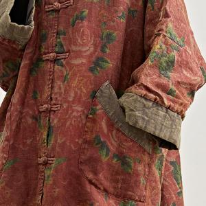 Rustic Style Red Peony Plus Size Linen Tunic