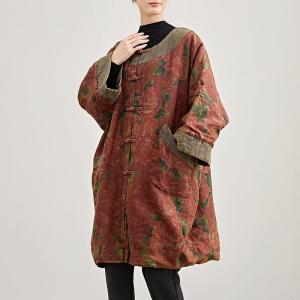 Rustic Style Red Peony Plus Size Linen Tunic