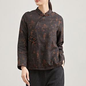 Qipao-Like Floral Fleeced Linen Blouse