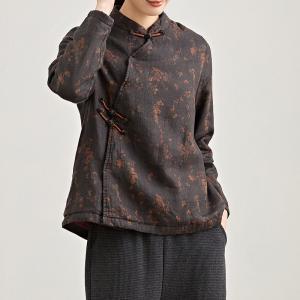 Qipao-Like Floral Fleeced Linen Blouse