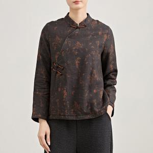 Qipao-Like Floral Fleeced Linen Blouse