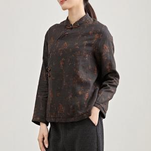 Qipao-Like Floral Fleeced Linen Blouse