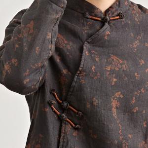 Qipao-Like Floral Fleeced Linen Blouse