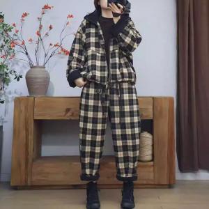 Front Zip Hooded Jacket with Classic Fleeced Gingham Pants