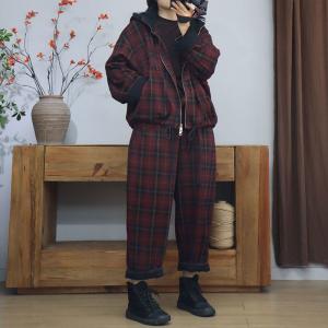 Front Zip Hooded Jacket with Classic Fleeced Gingham Pants