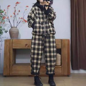 Front Zip Hooded Jacket with Classic Fleeced Gingham Pants