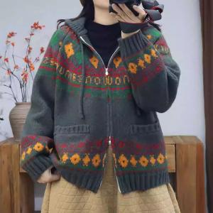 Front Zip Hooded Fair Isle Sweater Jacket