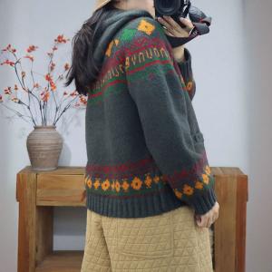 Front Zip Hooded Fair Isle Sweater Jacket