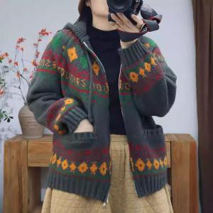 Front Zip Hooded Fair Isle Sweater Jacket