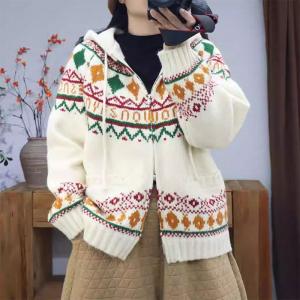 Front Zip Hooded Fair Isle Sweater Jacket